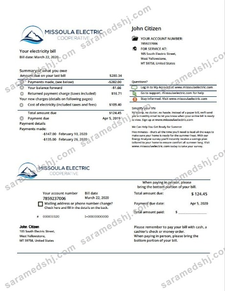 USA Montana Missoula Electric Cooperative electricity utility bill template in Word and PDF format